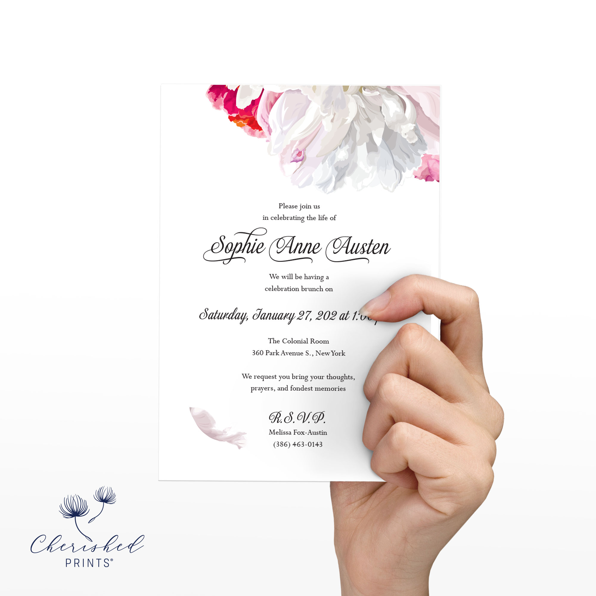 Front Beautiful soft pink and white peonies celebration of life invitation