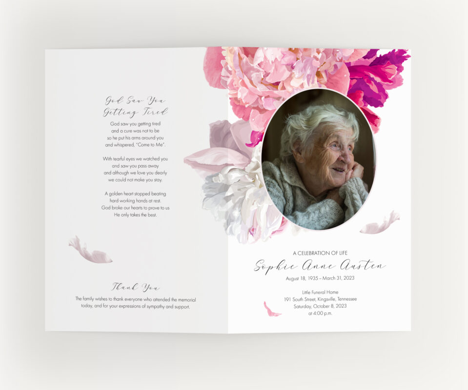Pink Peonies Funeral Program Photo cover