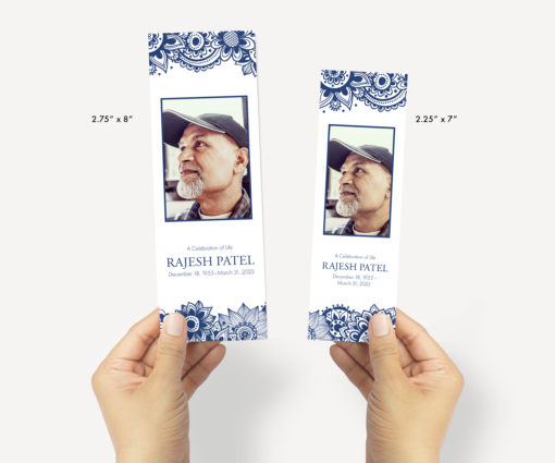blue and white block print inspired funeral bookmark sizes