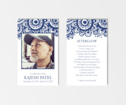 blue and white block print inspired laminated photo prayer card printing