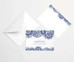 blue and white mandala acknowledgment card for funeral, front and back of sympathy card
