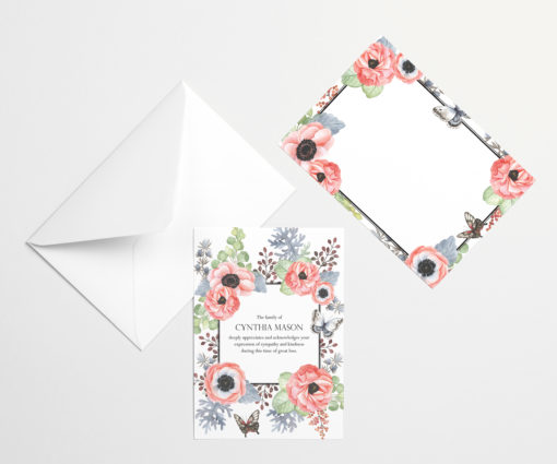 watercolor Anemones and butterflies funeral acknowledgment cards front and back with envelopes