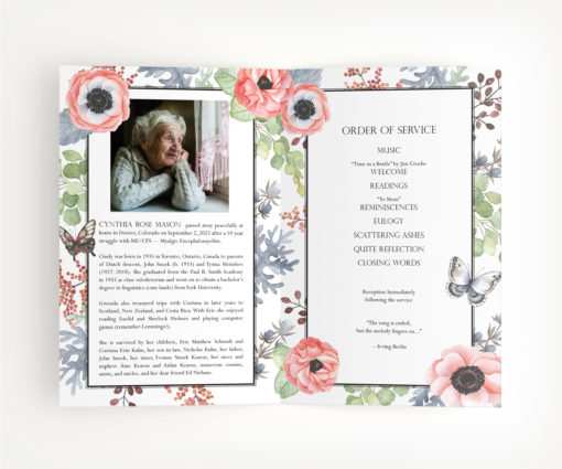 artistic Anemones and butterflies order of service funeral program template
