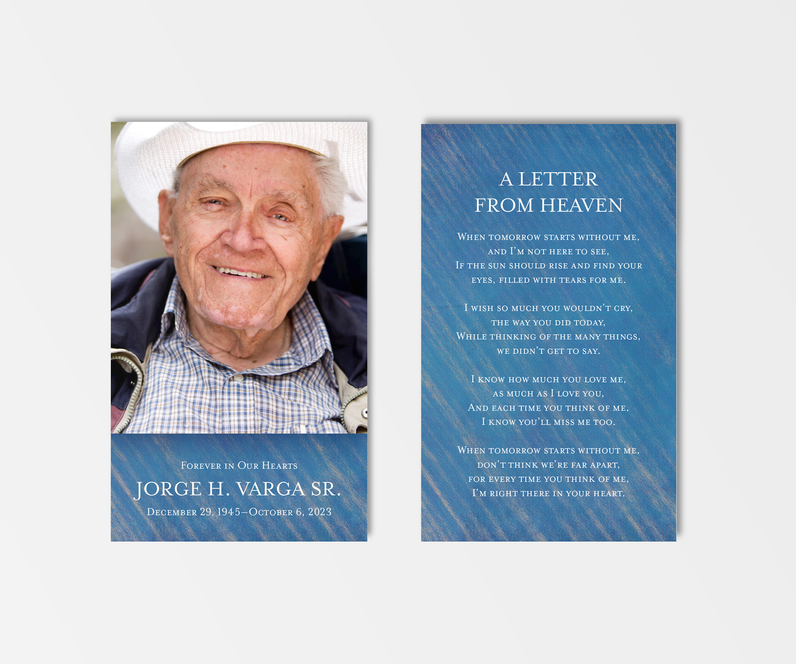 blue striped modern military funeral laminated prayer card for celebration of life
