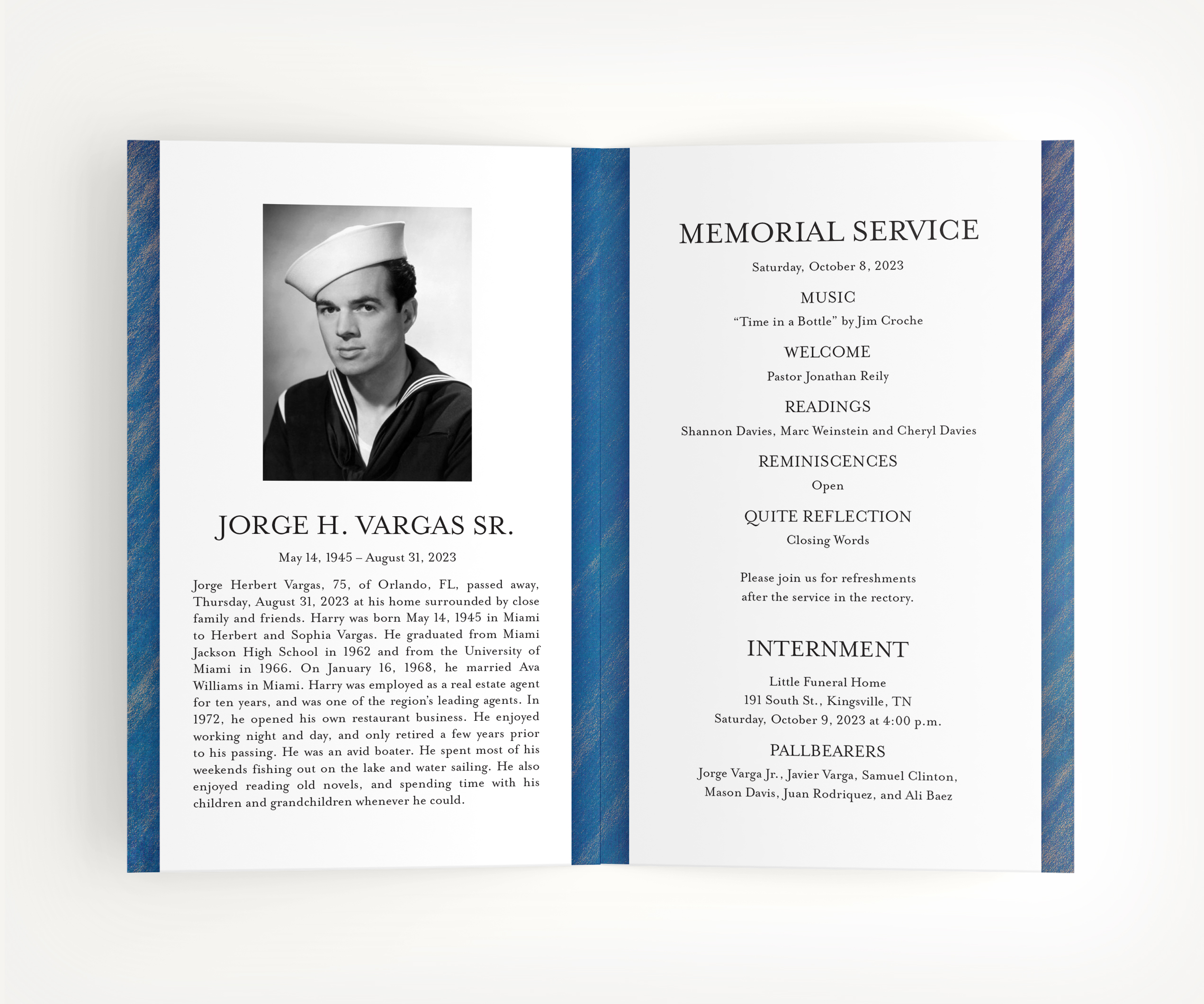 blue striped and white modern watercolor obituary template and order of service