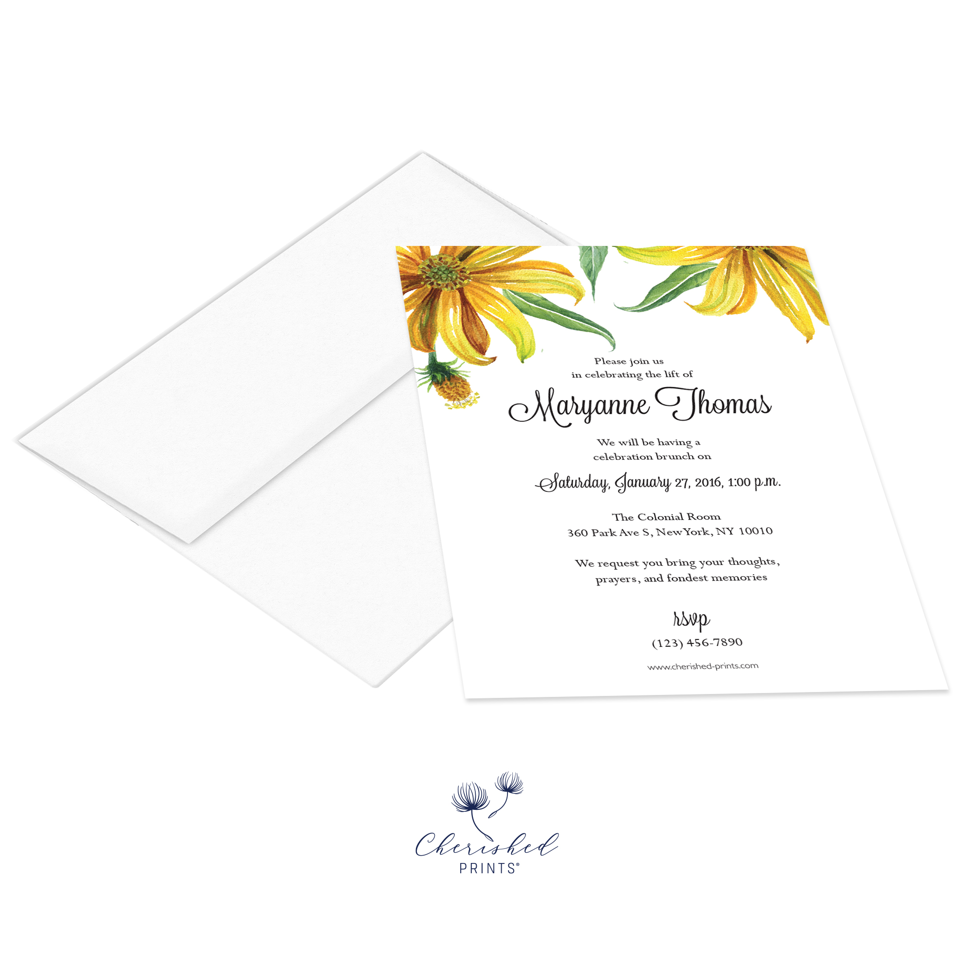 yellow watercolor daisies invitation with envelope