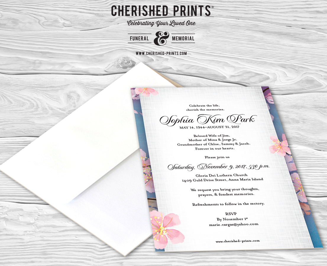 cherry blossoms celebration of life invitations and announcements