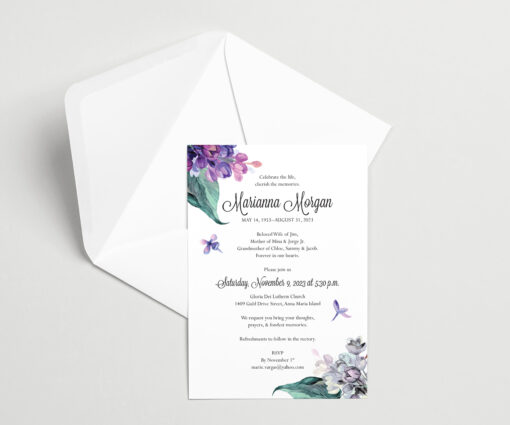 purple lilacs invitation with euro style envelope