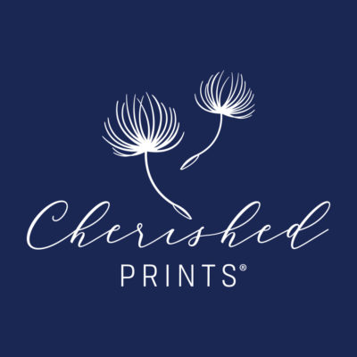 Cherished Prints logo on blue