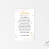 Back of child memorial prayer card featuring a poem and celestial gold star accents on a white background