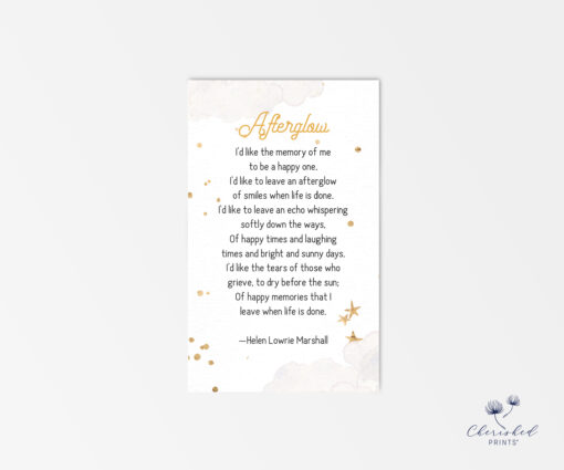 Back of child memorial prayer card featuring a poem and celestial gold star accents on a white background