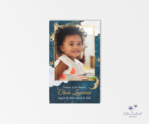 Memorial prayer card with a celestial starry sky design, created for baby loss remembrance
