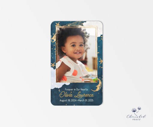 Memorial prayer card for a child featuring a smiling young girl, navy and gold celestial background, and rounded corners
