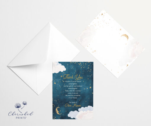 Double-sided celestial thank you card with envelope – stars, moon, and clouds design