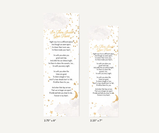 Memorial bookmark size comparison showing front and back designs