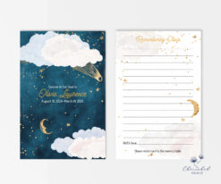 Front and back of memorial memory cards with night sky and lined section for writing memories.