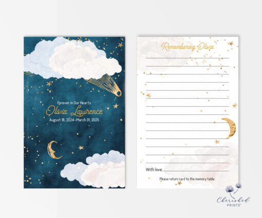 Front and back of memorial memory cards with night sky and lined section for writing memories.