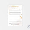 Memory card for funerals and memorials featuring gold moon and stars on a soft watercolor background.