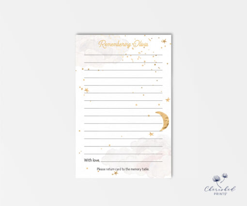 Memory card for funerals and memorials featuring gold moon and stars on a soft watercolor background.