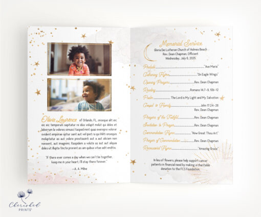 Inside pages of a 4-page youth memorial program with order of service and photos