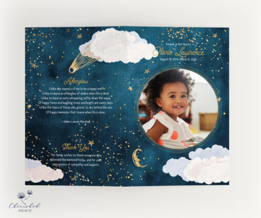 Flat lay of a celestial youth memorial program with photo and poem