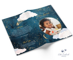 Youth memorial program booklet front cover with child photo and starry sky design
