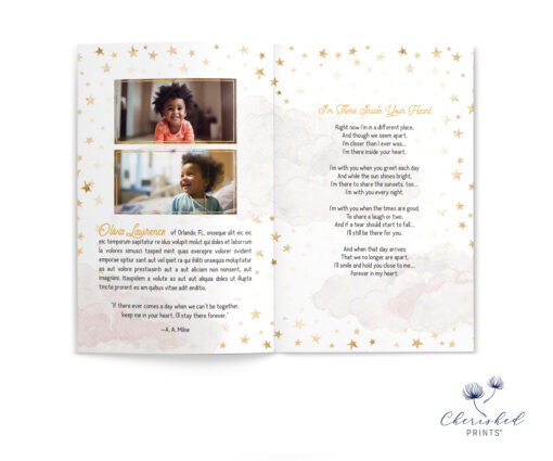 Stars youth memorial booklet pages with obituary and poem layout