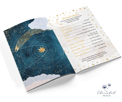 Stars youth memorial service order with celestial illustrations