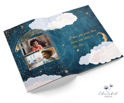 Stars memorial booklet spread with quote and child photos in starry night theme